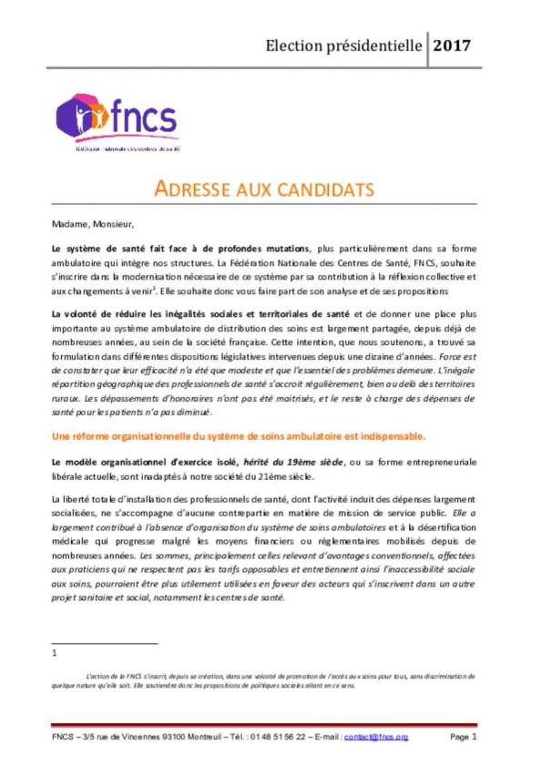 FNCS - Adresse aux candidats à l'élection présidentielle