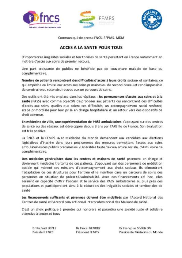 Communiqué de presse - FNCS - FFMPS - MdM - PASS ambulatoire