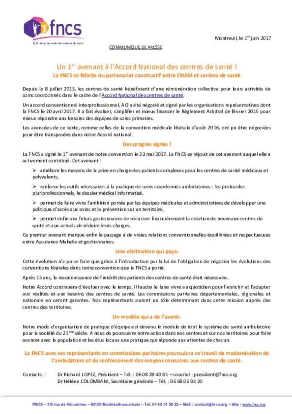 communiqué de presse : Un 1er avenant à l'Accord National des centres de santé !