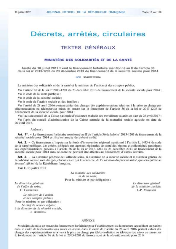 arrêté 07_17_forfait_téléconsultations_téléexpertise