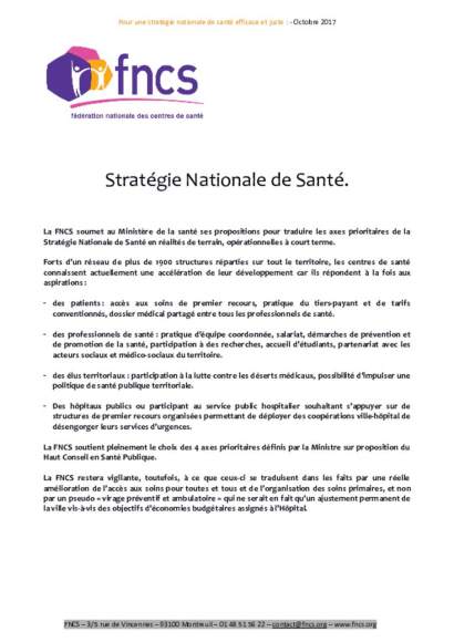Stratégie nationale de santé, les propositions de la FNCS 