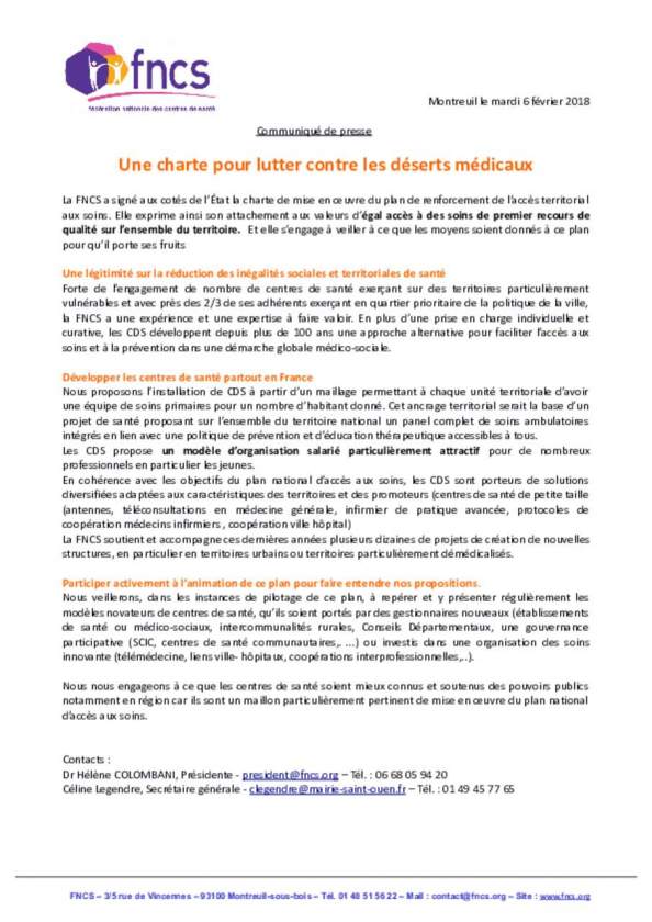 Communiqué de presse - Une charte pour lutter contre les déserts médicaux