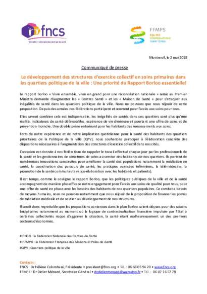 CP commun FNCS et FFMPS - Rapport Borloo 