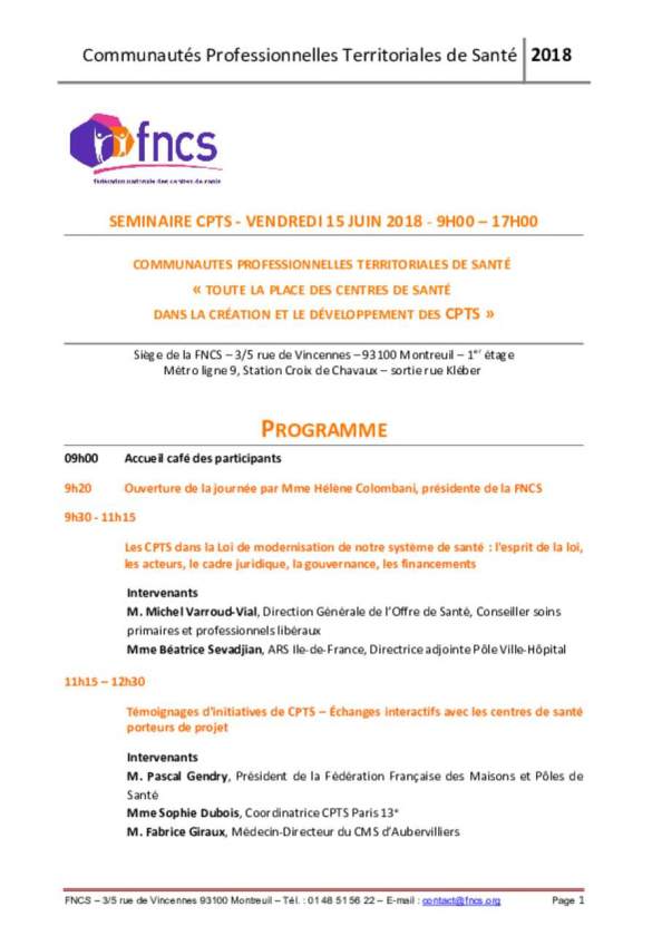 Programme Séminaire CPTS - 15 juin 2018