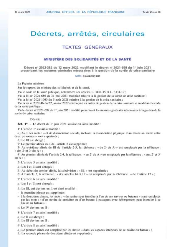 Mesures nationales à compter du 14/03/2022