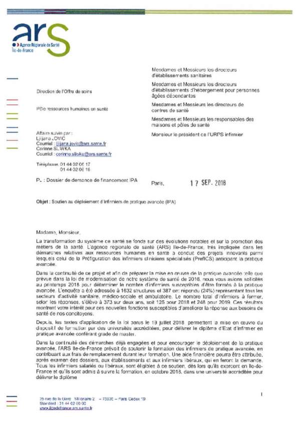 courrier ARS IDF adressé aux structures