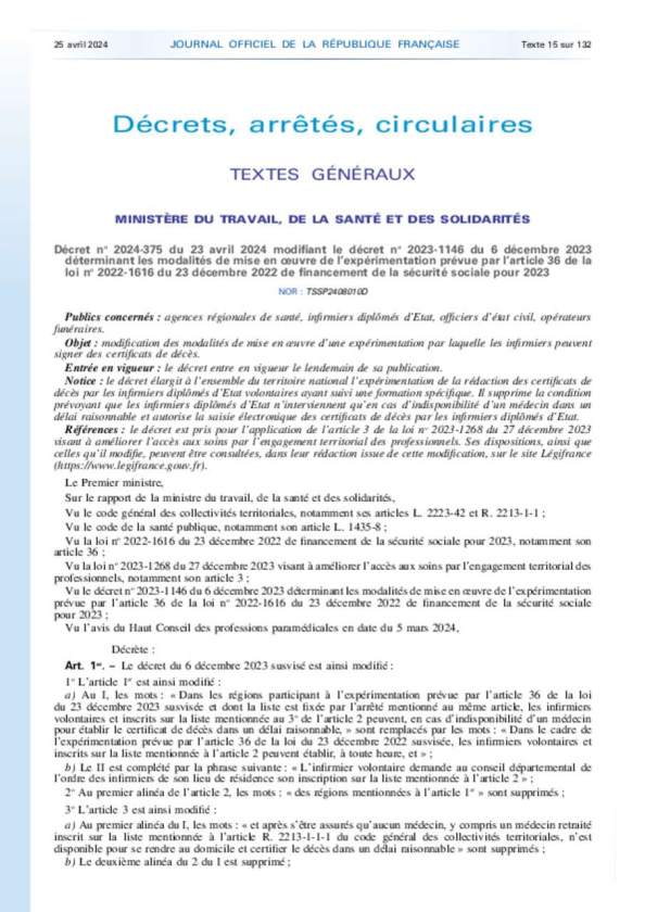Décret numéro 2024-375 du 23 avril 2024