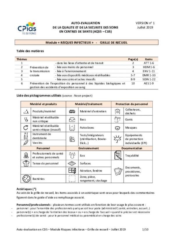 Grille d'auto-évaluation des "Risques infectieux"