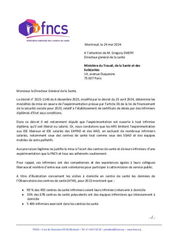 Courrier FNCS au Ministère de la santé