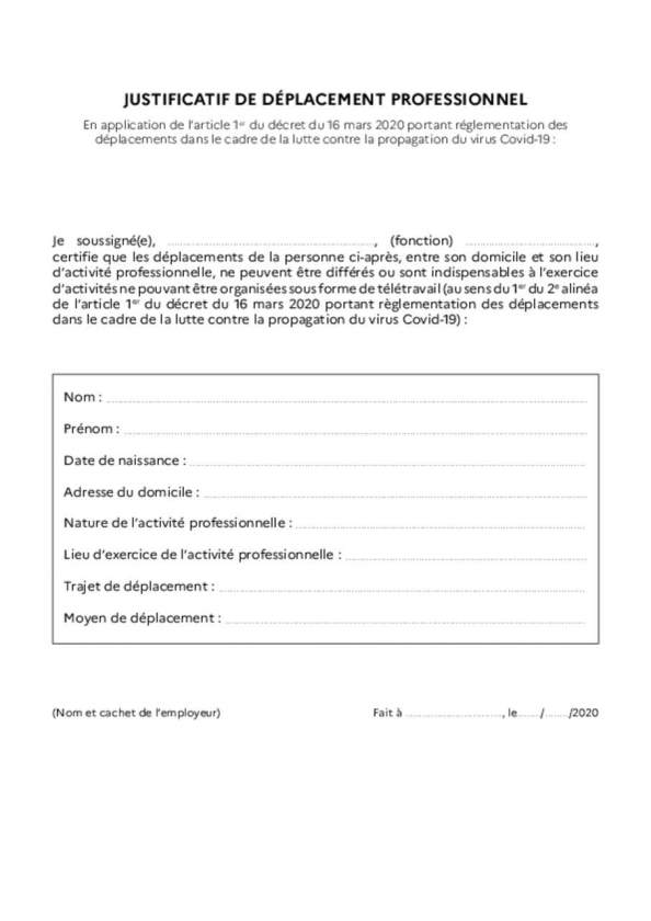 Justificatif de déplacement professionnel