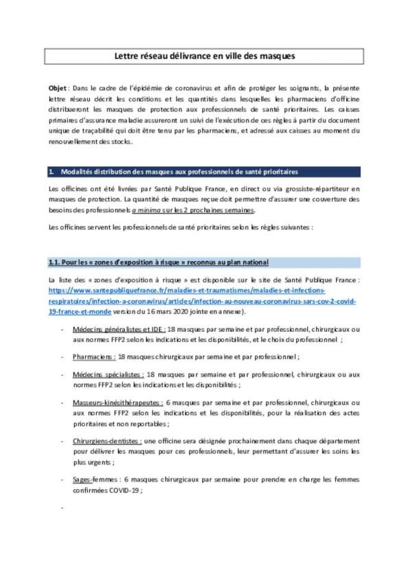 Lettre réseau délivrance en Ville des masques publiée sur le site du conseil de l'ordre des pharmaciens