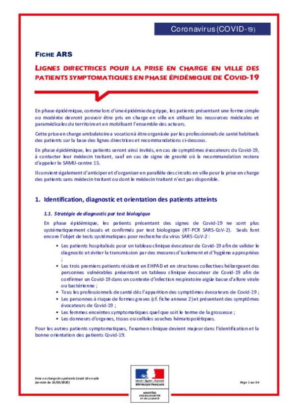 Covid-19 fiche prise en charge ville doctrine ARS