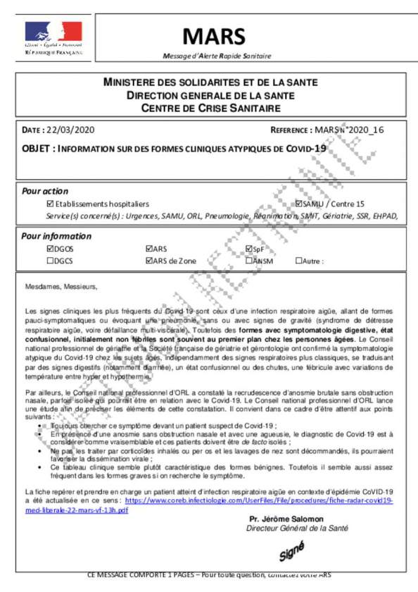 Information sur des formes cliniques atypiques Covid-19
