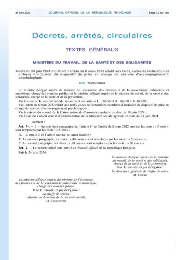 JO_20240628_Arrêté_Dispositif_Mon_Psy_ Tarifs, facturation et critères d'inclusion