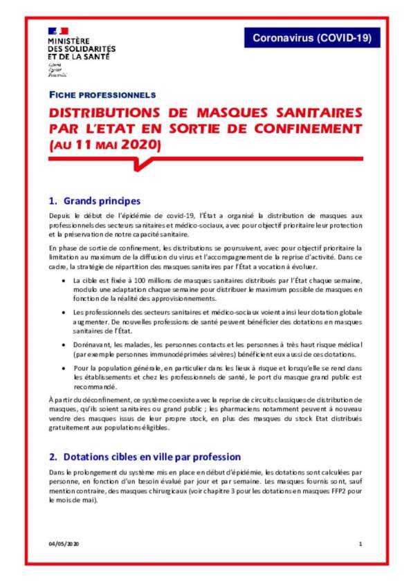 Déconfinement, fiche nationale distribution de masques aux professionnels
