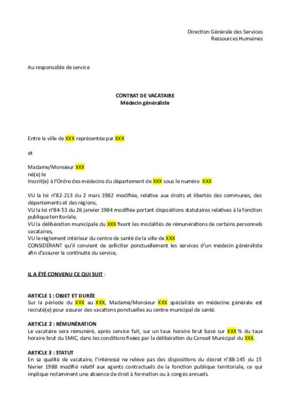 Contrat de vacataire en centre municipal de santé