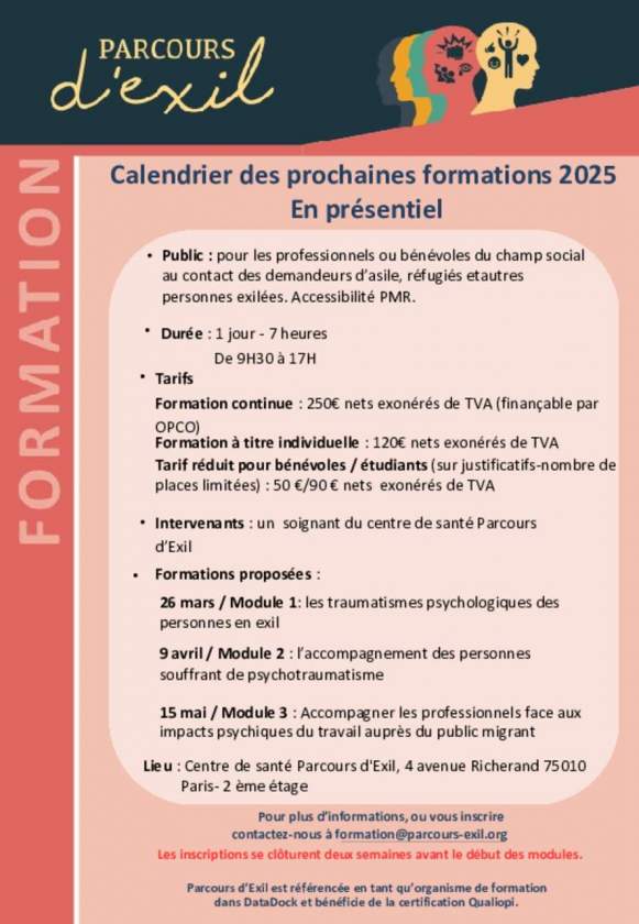 Parcours d'Exil, calendrier formation en présentiel 