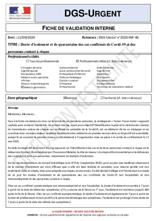 DGS Urgent n°46_isolement 7 jours