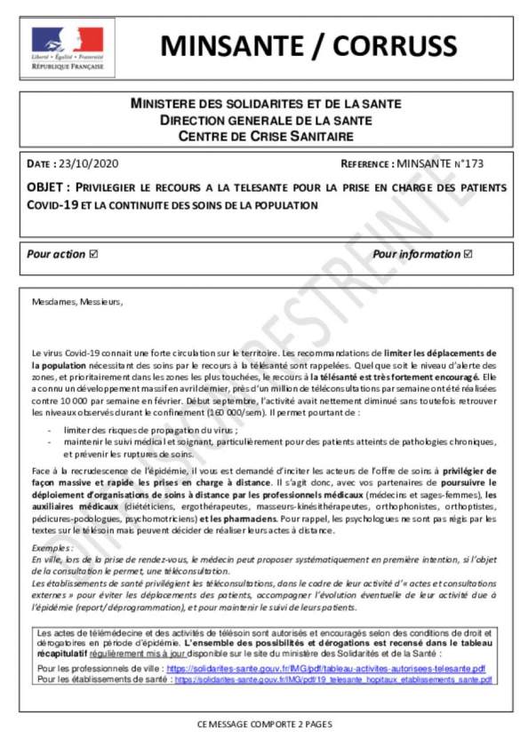 Mesures dérogatoires consultation à distance_Ministère de la santé_23_10_2020