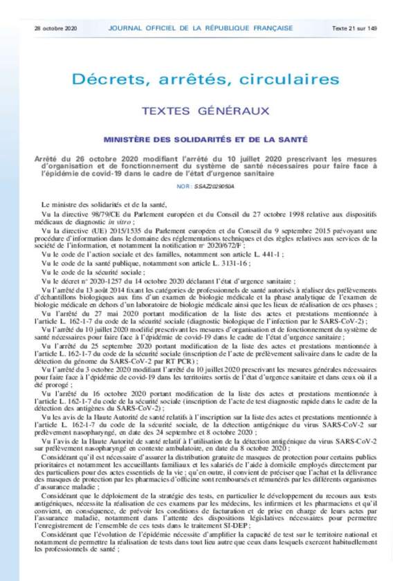 Arrêté du 26/10/20 orga et fonction sous covid19