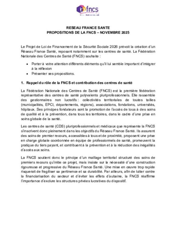 Plaidoyer FNCS_réseau France santé Plaidoyer FNCS_réseau France santé