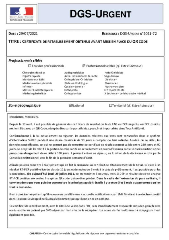 DGS urgent : certificat de rétablissement