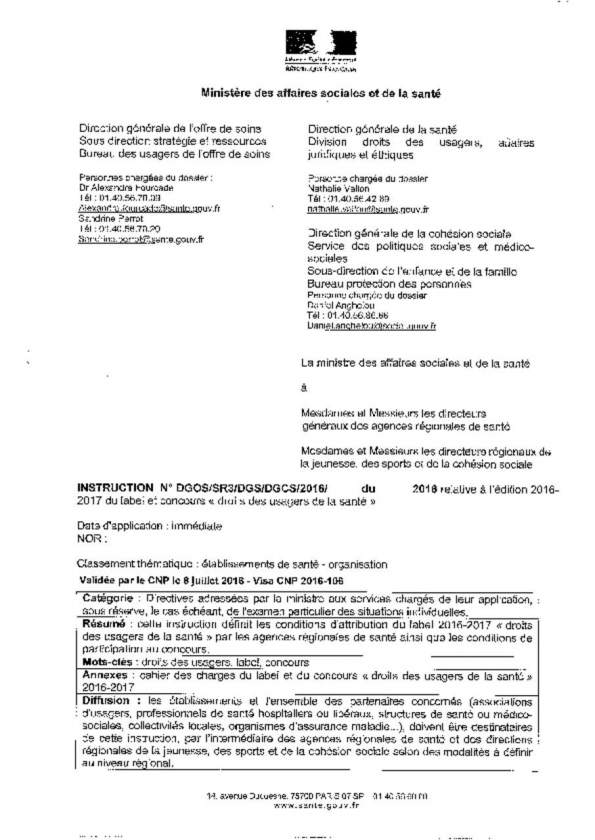 Instruction du Ministère de la Santé relative à l'édition 2016-2017